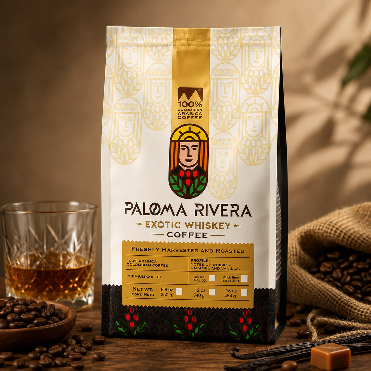 Paloma Rivera Exotic Whiskey Coffee whole bean Colombian coffee
